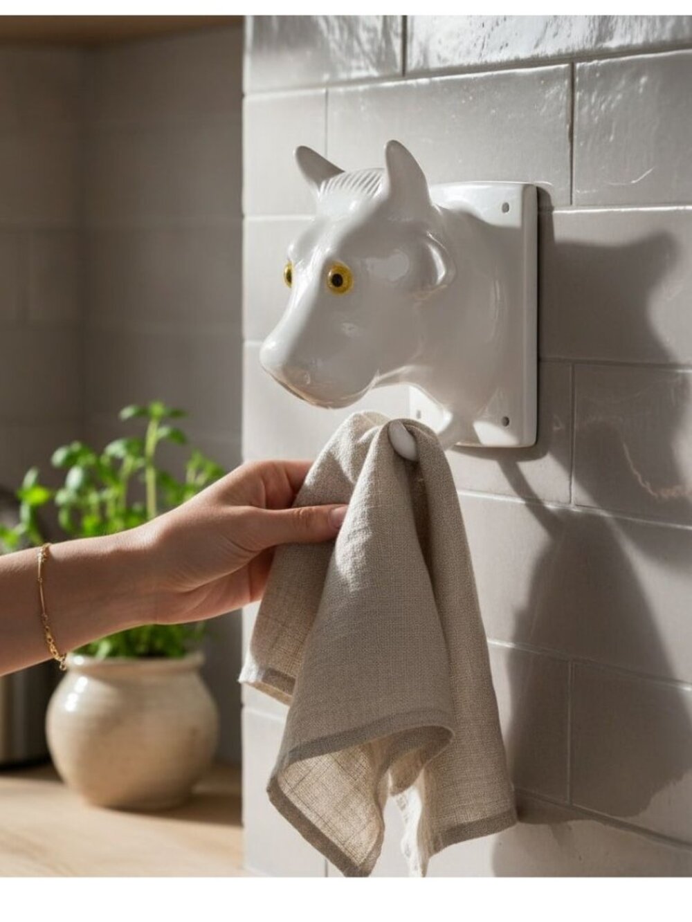 Bull Head Ceramic Wall-Mounted Towel Holder With Yellow Eyes
